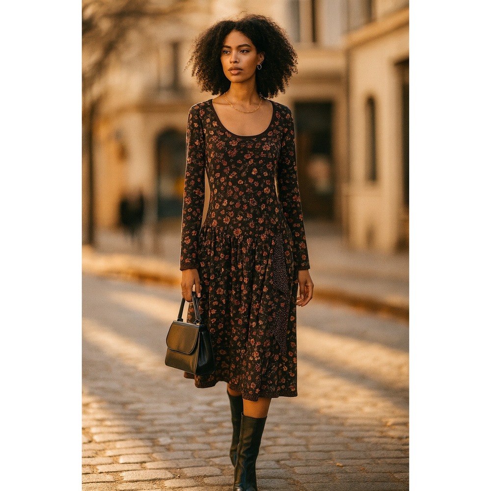 Peruvian Connection Floral Print Long Sleeve Dropped Waist Dress‎ Size L